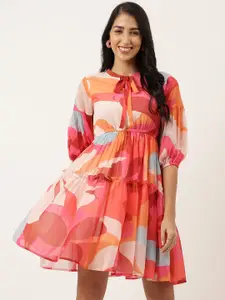 Masakali.Co Abstract Printed Tie-Up Neck Georgette Fit & Flare Dress