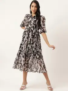 Masakali.Co Geometric Printed Puff Sleeve Georgette Fit & Flare Midi Dress
