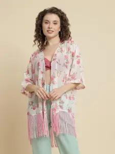 UnaOne Floral Printed Front Open Longline Shrug With Fringed Detail