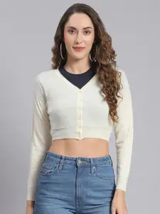 Monte Carlo V-Neck Long Sleeves Pure Wool Crop Cardigan Sweater