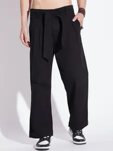 FUGAZEE Men Black Loose Fit Cotton Pleated Trousers