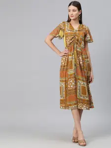 Cottinfab Ethnic Motifs Print Flared Sleeve Georgette A-Line Midi Dress