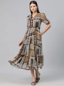 Cottinfab Ethnic Motifs Print Puff Sleeve Ruffled Georgette Fit & Flare Midi Dress
