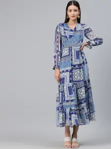 Cottinfab Print Puff Sleeve Ruffled Georgette A-Line Midi Dress