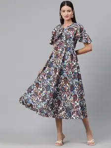 Cottinfab Floral Print Flared Sleeve Layered Crepe A-Line Midi Dress