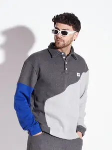 FUGAZEE Grey & Blue Colourblocked Cotton Shirt Collar Pullover Sweatshirt