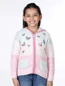 Wingsfield Girls Ribbed Embellished Acrylic Front-Open Sweaters