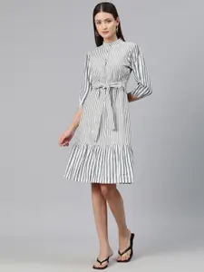 Cottinfab Striped Puff Sleeves A-Line Dress with Tie-Up Detail