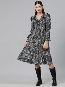Cottinfab Floral Print Puff Sleeves Ruffled Crepe A-Line Midi Dress
