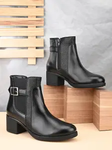 GARDIN Women Textured Buckle Detail Block Heeled Mid-Top Regular  Boots