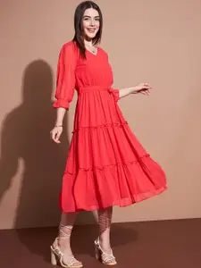 Deewa V-Neck Puff Sleeves Ruffled Tiered Fit & Flare Midi Dress
