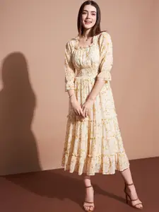 Deewa Floral Printed Bell Sleeves Smocked Tiered Georgette Fit & Flare Midi Dress