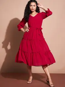 Deewa V-Neck Puff Sleeve Tiered Georgette Fit & Flare Midi Dress
