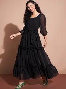 Deewa Square Neck Puff Sleeves Tiered Ruffled Georgette Maxi Dress