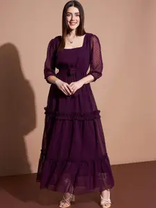 Deewa Square Neck Puff Sleeves Tiered Ruffled Georgette Maxi Dress