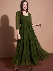 Deewa Square Neck Puff Sleeves Tiered Ruffled Georgette Maxi Dress