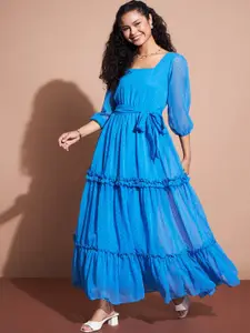 Deewa Self Design Square Neck Puff Sleeves Tiered Fit & Flare Maxi Dress