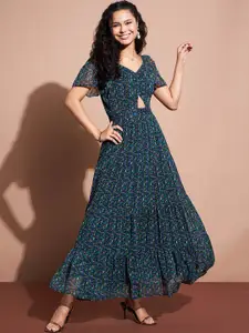 Deewa Floral Printed V-Neck Cut-Out Detail Georgette Maxi Dress