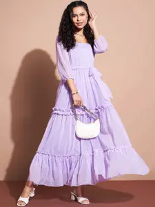 Deewa Square Neck Puff Sleeves Tiered Ruffled Georgette Maxi Dress