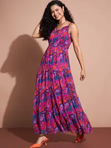 Deewa Floral Printed Tiered Georgette Maxi Dress