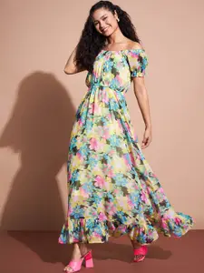 Deewa Floral Printed Off-Shoulder Puff Sleeves Gathered Maxi Dress