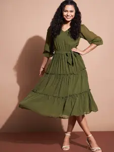 Deewa Puff Sleeve Ruffled Georgette Tiered Fit & Flare Midi Dress