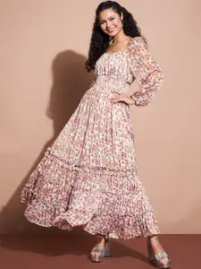 Deewa Floral Printed Puff Sleeve Square Neck Georgette Fit & Flare Maxi Dress