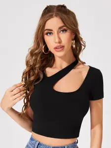 CLAFOUTIS Asymmetrical Neck Cut-Out Crop Fitted Top
