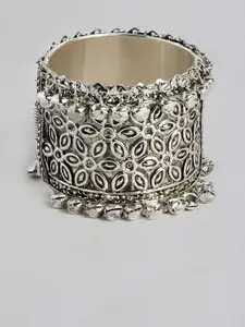 Sangria Women Silver-Plated Floral Textured Oxidised Cuff Bracelet with Attached Bells