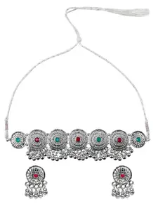 Shining Jewel - By Shivansh Silver-Plated Oxidised Necklace Set