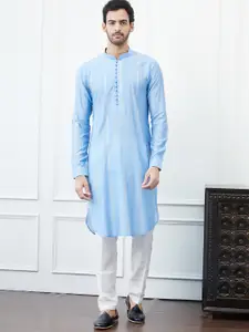 See Designs Striped Mandarin Collar Sequinned Pure Cotton Straight Kurta with Trouser