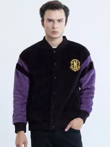 Snitch Black Self Design Varsity Jacket