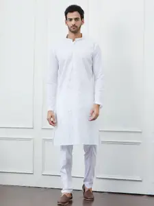 See Designs Striped Cotton Mandarin Collar Thread Work Straight Kurta