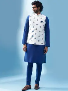 KISAH Mandarin Collar Straight Kurta & Churidar With Printed Nehru Jacket