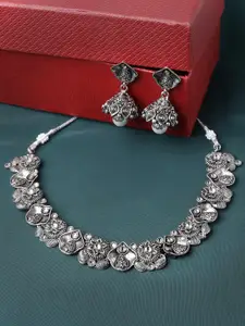 ADIVA Silver-Plated Kundan Stone & Pearls Oxidised Necklace & Earrings