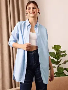 STREET 9 Blue Comfort Spread Collar Cotton Longline Oversized Casual Shirt