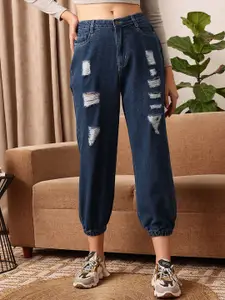 STREET 9 Women Blue Comfort Jogger Mildly Distressed Pure Cotton Light Fade Jeans