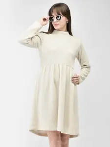 Crimsoune Club High Neck Long Sleeves Gathered Fit & Flare Dress