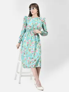 Crimsoune Club Floral Printed Puff Sleeves Smocked Fit & Flare Midi Dress