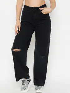 Madame Women Wide Leg Slash Knee Cotton Jeans