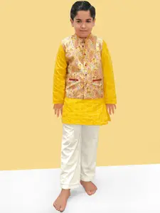 Naughty Ninos Boys Striped Pure Cotton Straight Kurta With Pyjamas & Nehru Jacket