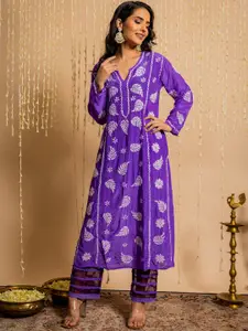 HOUSE OF KARI Ethnic Motifs Embroidered Chikankari Straight Silk Kurta