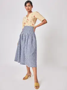 The Label Life Checked Gathered Detailed Pure Cotton Flared Midi Skirt
