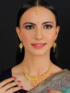 Silver Shine Gold-Plated Necklace And Earrings With Maang Tika