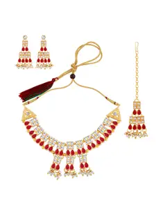 Silver Shine Gold-Plated Stone-Studded Necklace And Earrings With Maang Tika