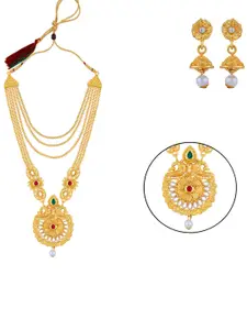 Silver Shine Gold-Plated Layered Stone-Studded & Beaded Necklace And Earrings