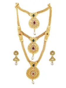 Silver Shine Gold Plated Kundan Stones Studded & Beaded Necklace And Earrings