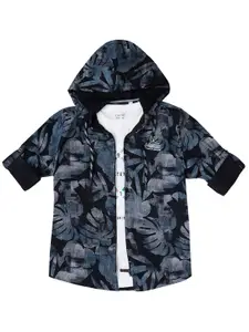 CAVIO Boys Floral Printed Cotton Hooded Comfort Opaque Casual Shirt With T-Shirt