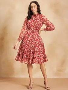 Femella Rust Floral Printed Puff Sleeve Fit & Flare Dress
