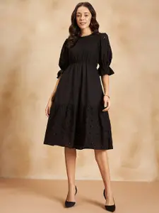Femella Self Design Puff Sleeves Schiffli & Tiered Pure Cotton Fit & Flare Midi Dress